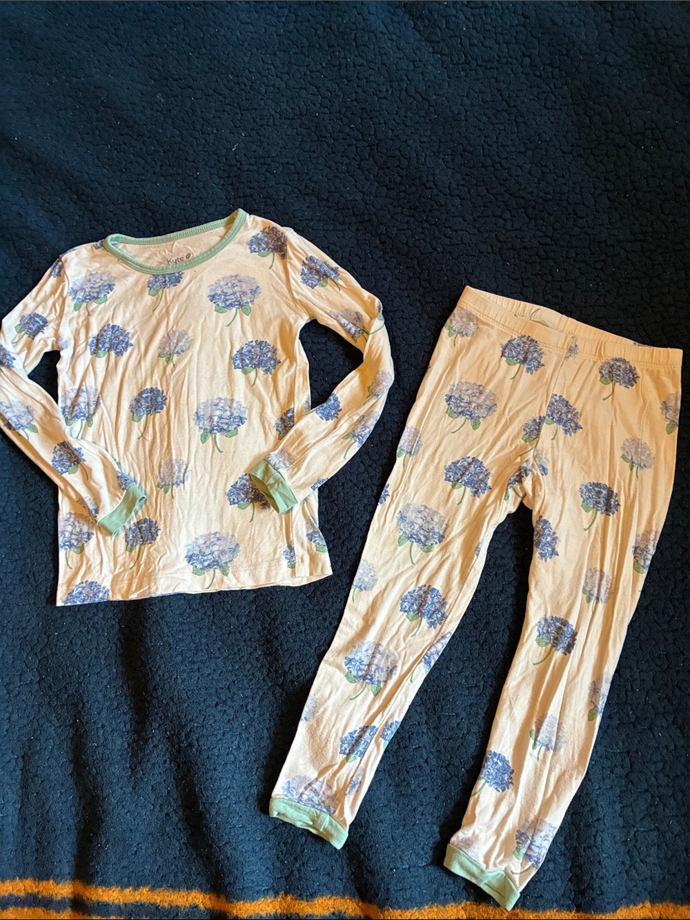 Kyte BABY Cream Pajama Set with Blue Hydrangea Print and Green Trim